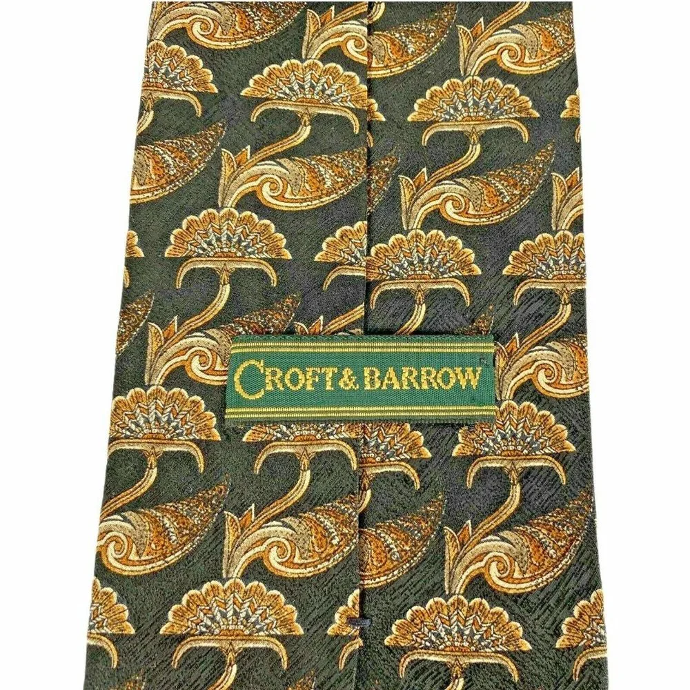 Croft & Barrow Black Gold Leaf‎ Fan Silk USA Tie